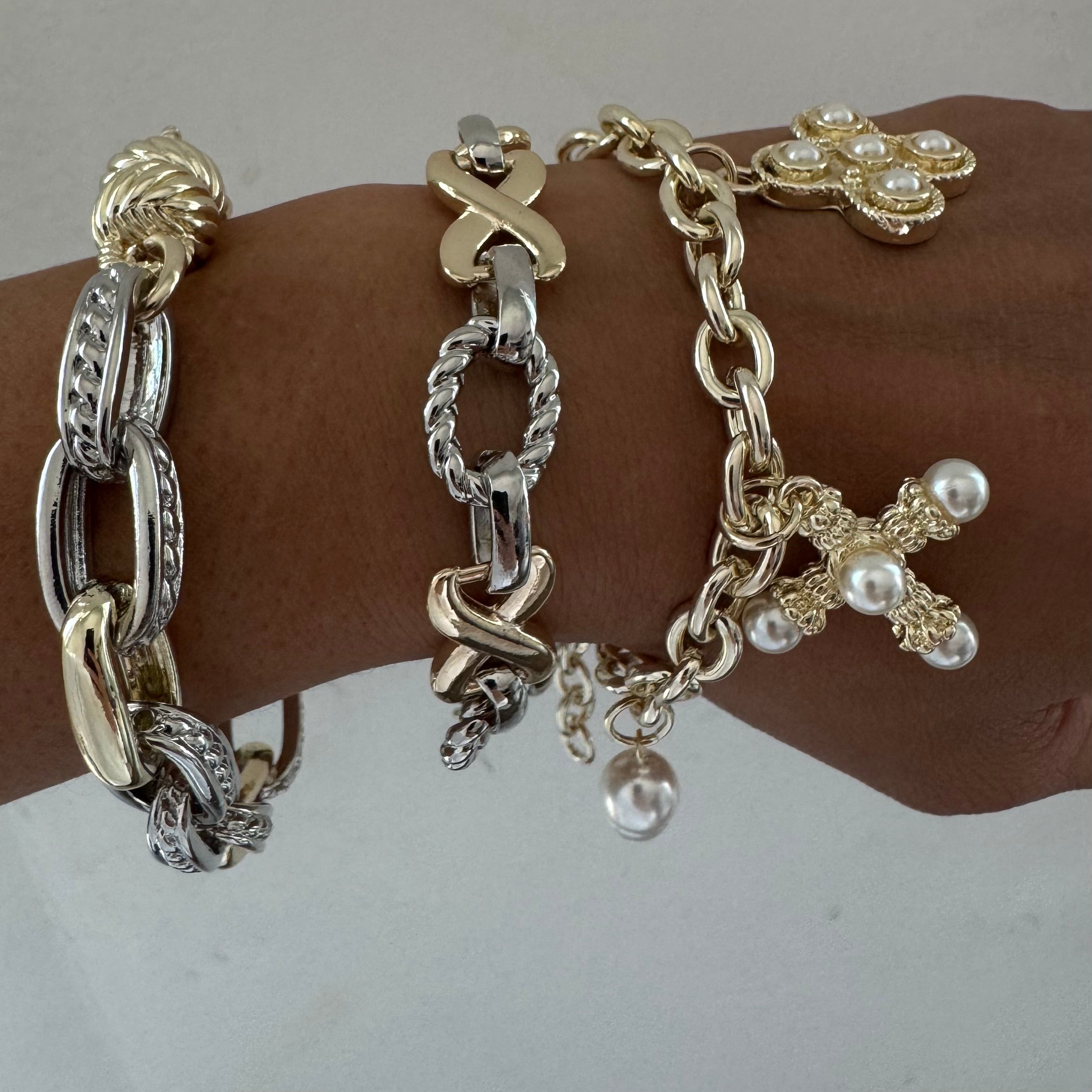 Pearl Cross Charm Link Bracelets