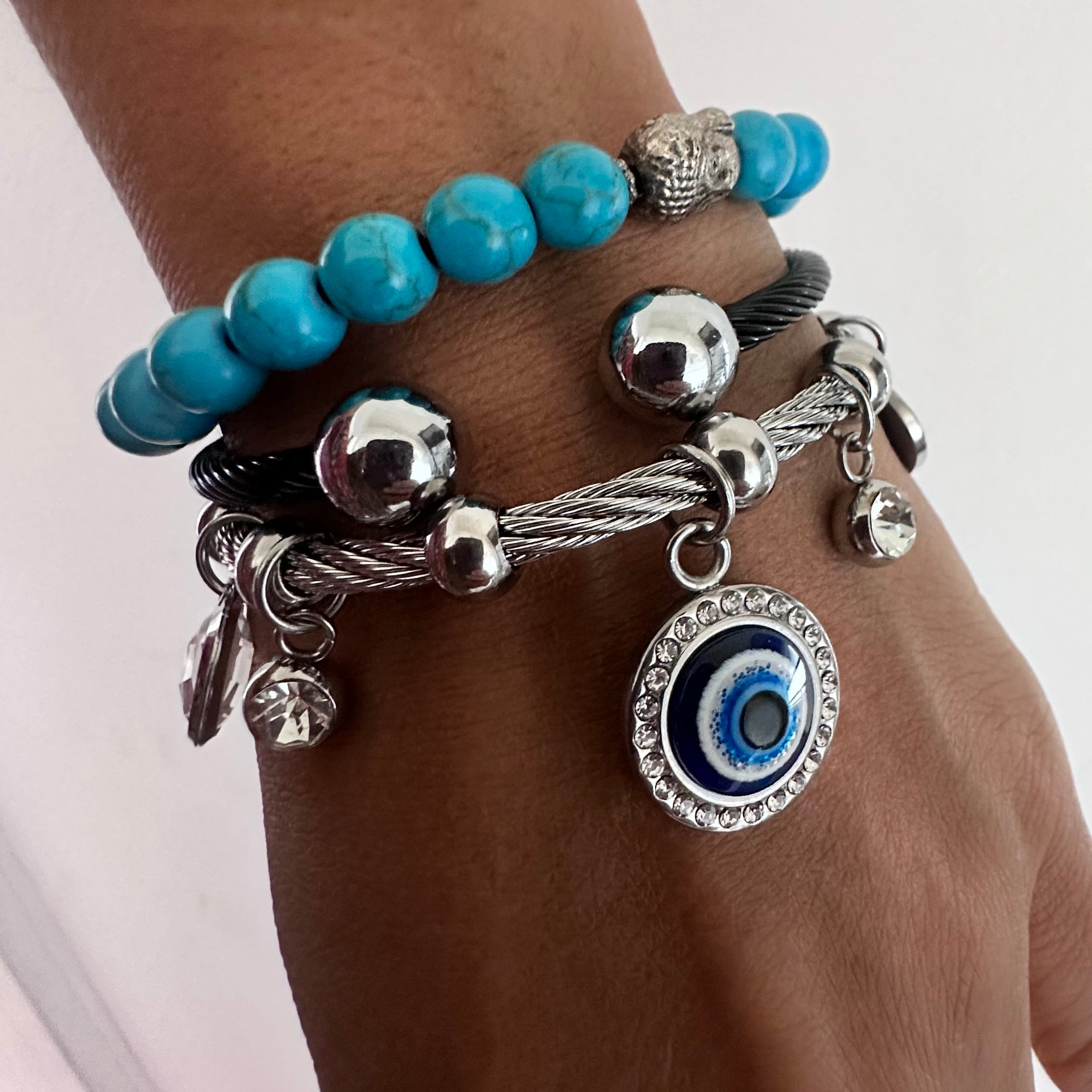 Turquoise Beaded Bracelet with Eye Motif, Set of 3