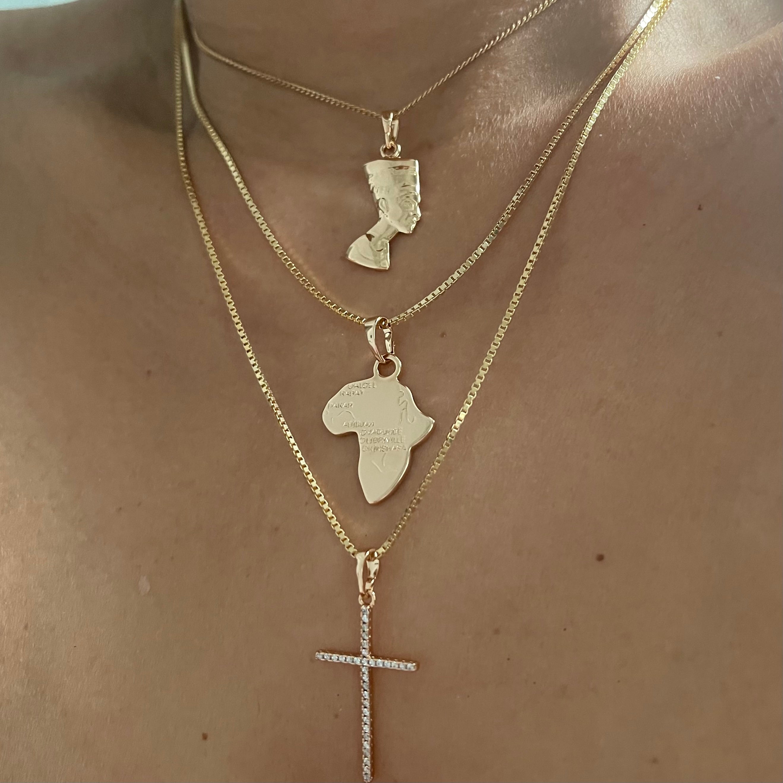 Mini Nefertiti Cross African Map Necklaces (Tarnish-Free) ( Sold individually )