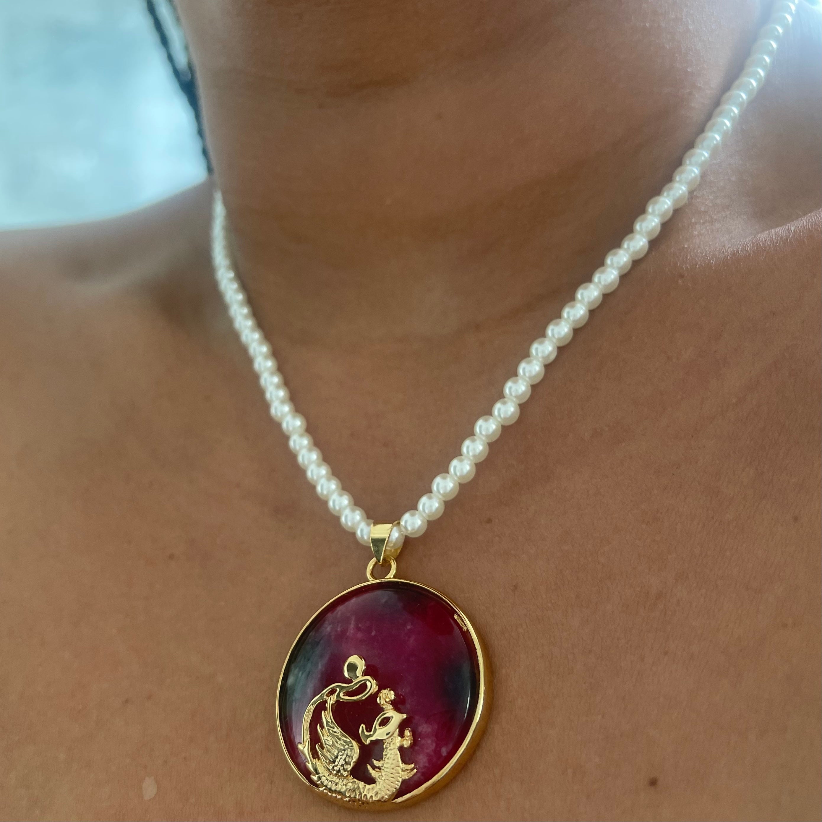 Fuchsia Dragon Pendant Pearl Necklace